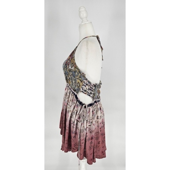 Boho Halter Mini Dress XL Mixed Print Floral Ombre Handkerchief - Picture 4 of 11